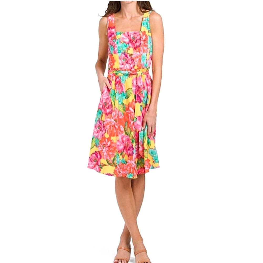 London Times Carmella Linen Floral Print Midi Fit & Flare Dress Size 4